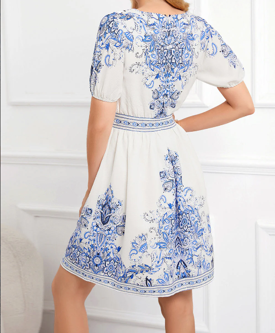 Vintage Jurk Met Bloemenprint - V-hals & Lantaarnmouwen Design