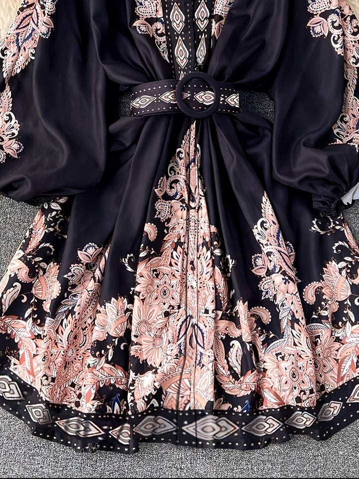 Vintage Jurk Met Bloemenprint - V-hals & Lantaarnmouwen Design