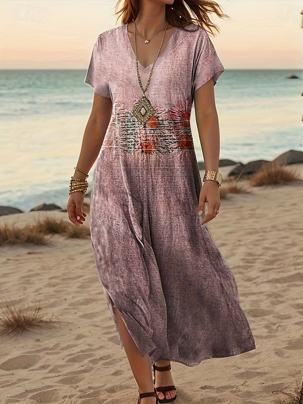 Zomer Strandjurk – V-Hals Ontwerp & Flowy Maxi Lengte