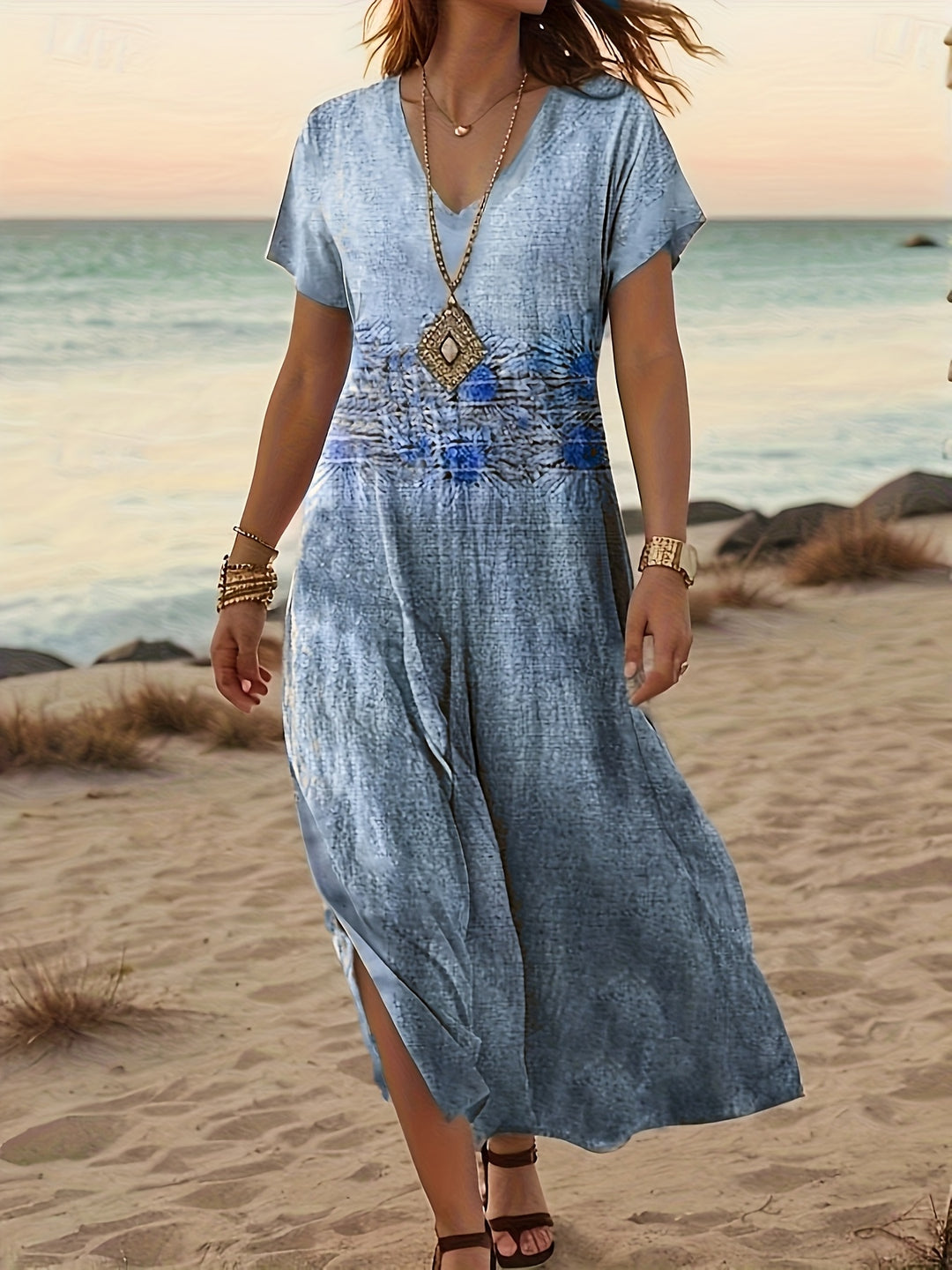 Zomer Strandjurk – V-Hals Ontwerp & Flowy Maxi Lengte