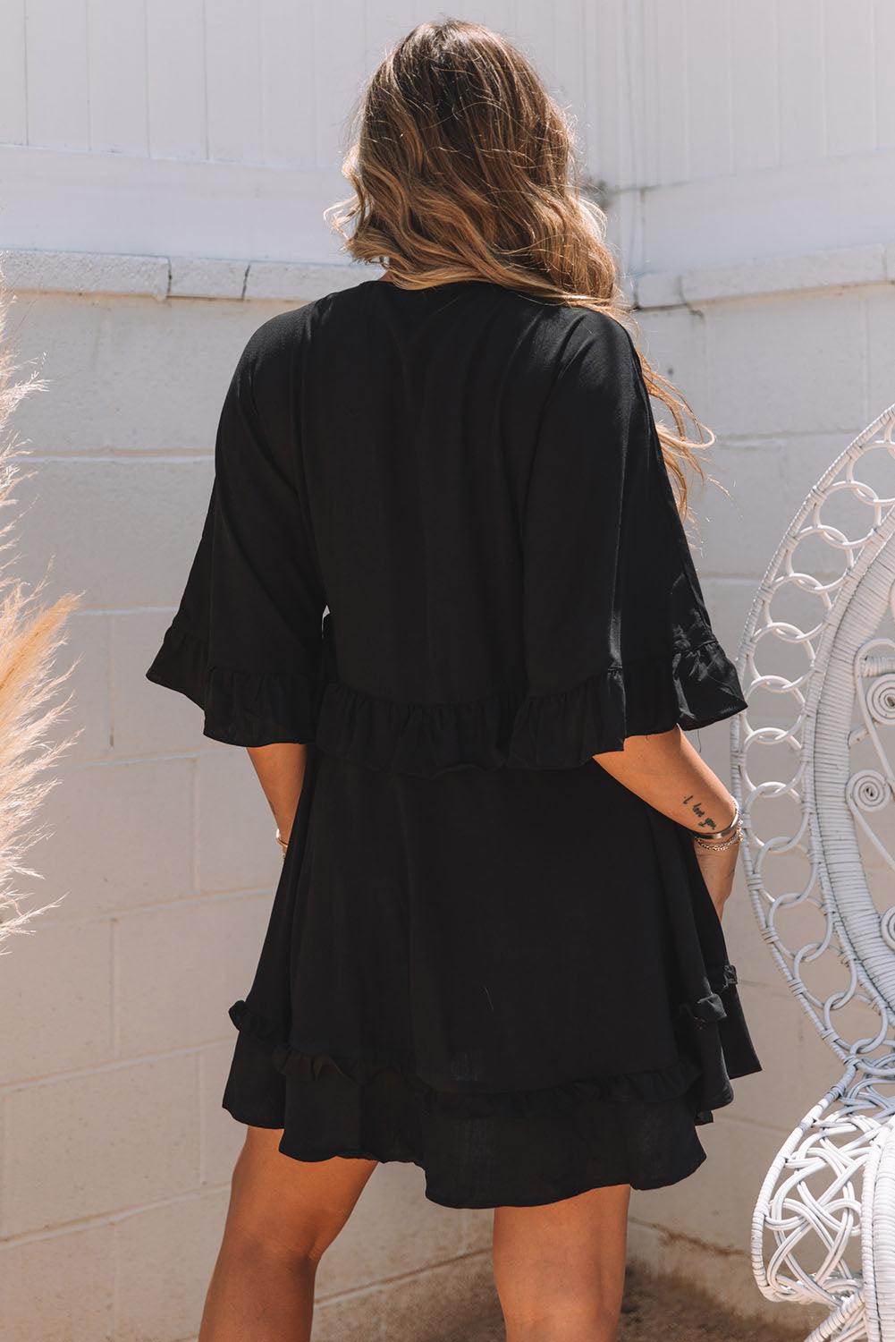 Zwart Minijurkje - Ruches Mouwen & Peplum Taille