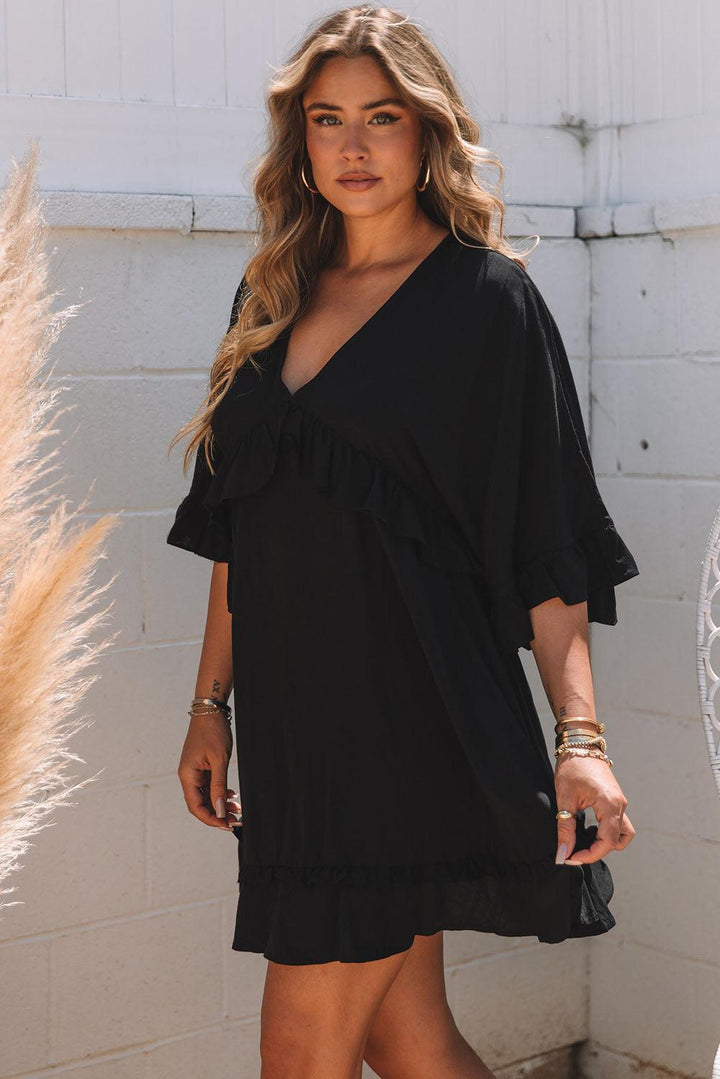 Zwart Minijurkje - Ruches Mouwen & Peplum Taille