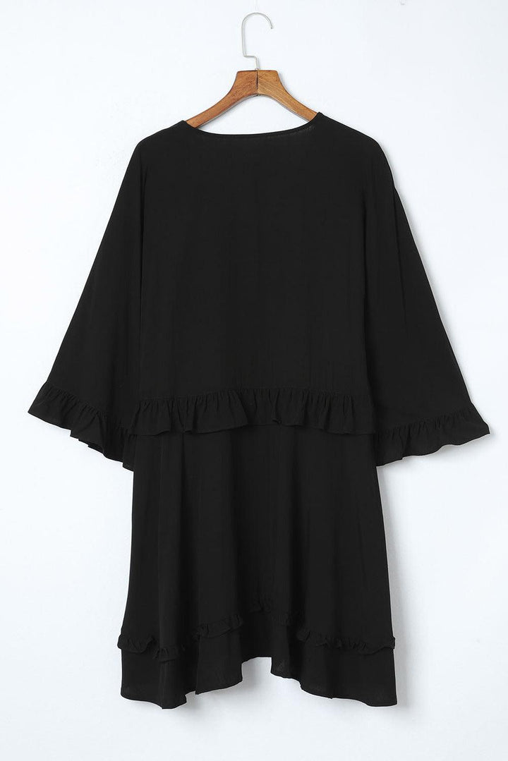 Zwart Minijurkje - Ruches Mouwen & Peplum Taille
