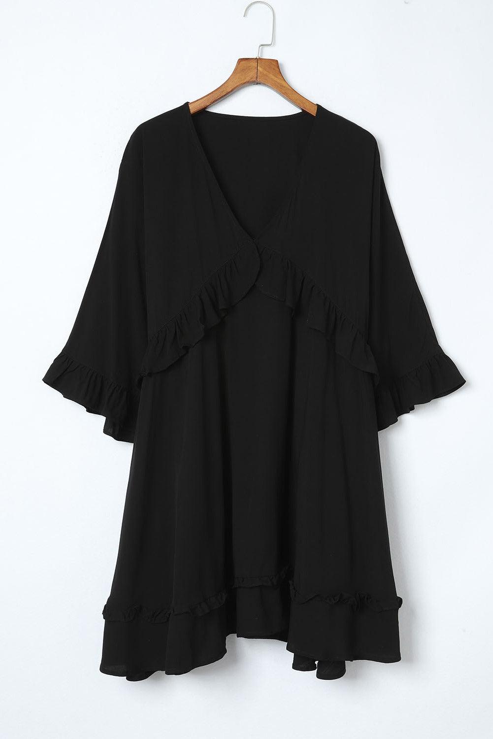 Zwart Minijurkje - Ruches Mouwen & Peplum Taille
