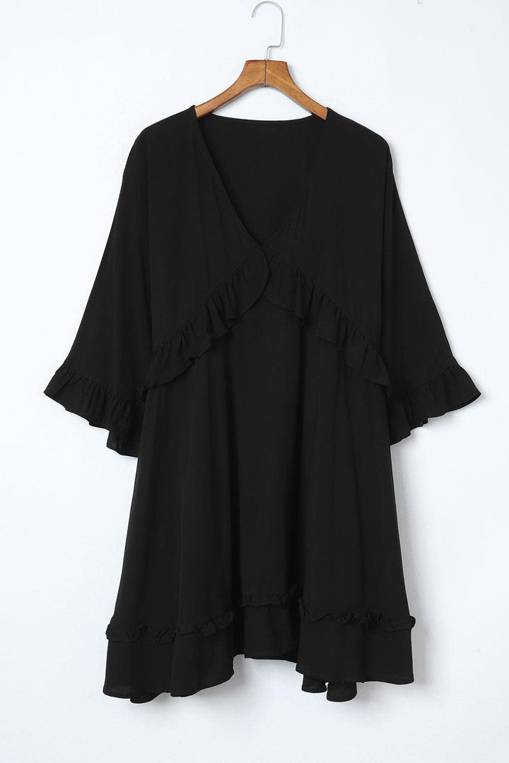 Zwart Minijurkje - Ruches Mouwen & Peplum Taille