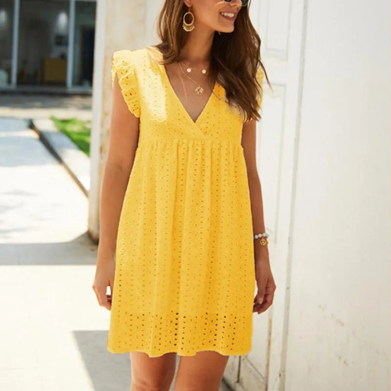 V-Hals Midi Jurk – Korte Mouwen & Ademend Materiaal