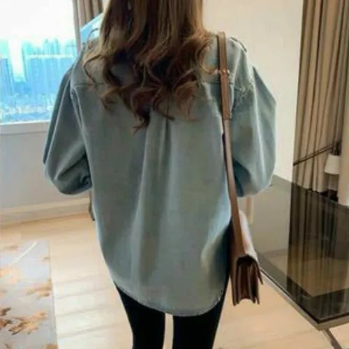 Denim overhemd met knoopsluiting - lange mouw en enkele knoopsluiting voor