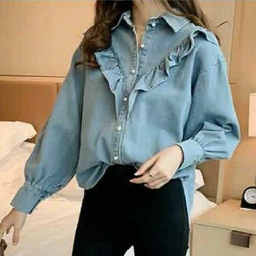 Denim overhemd met knoopsluiting - lange mouw en enkele knoopsluiting voor